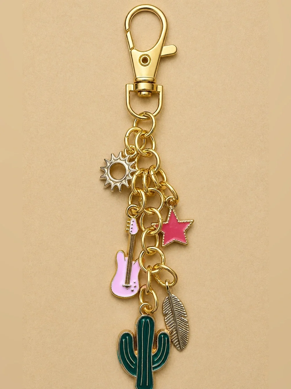 Gold-Tone Keychain with Pink Star & Green Cactus Charms